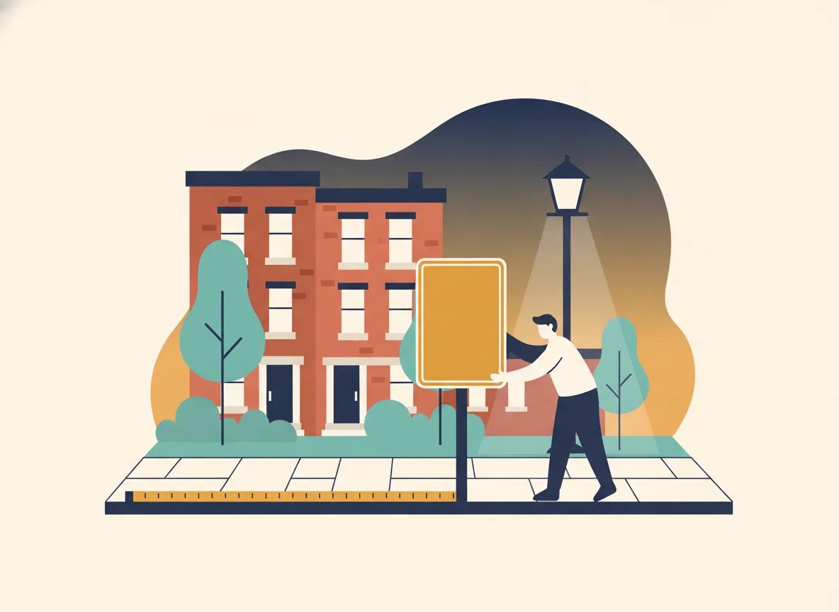 Illustration d'une personne qui pose un panneau orange d'interdiction de stationner à la bordure, au crépuscule, la veille du déménagement