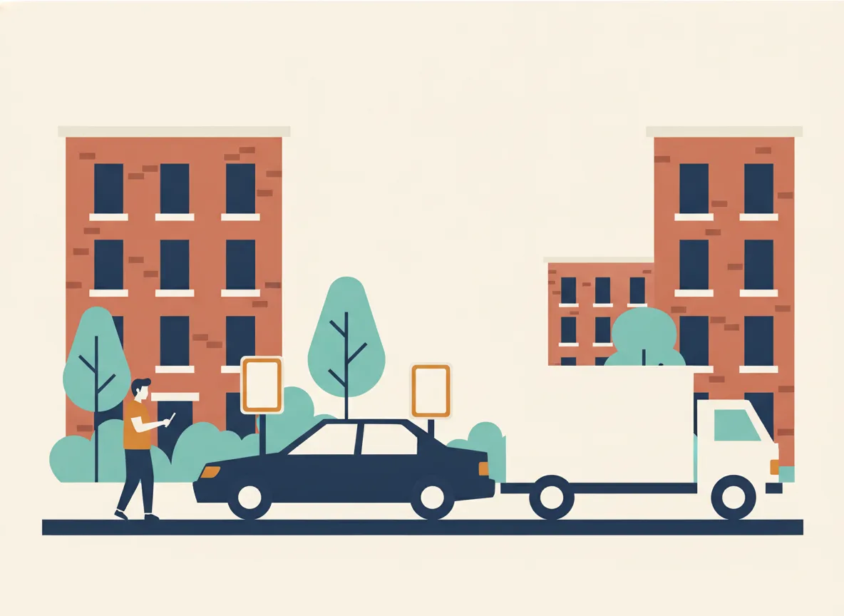 Illustration d'une personne au téléphone à côté d'une auto stationnée dans la zone réservée pendant que le camion de déménagement attend