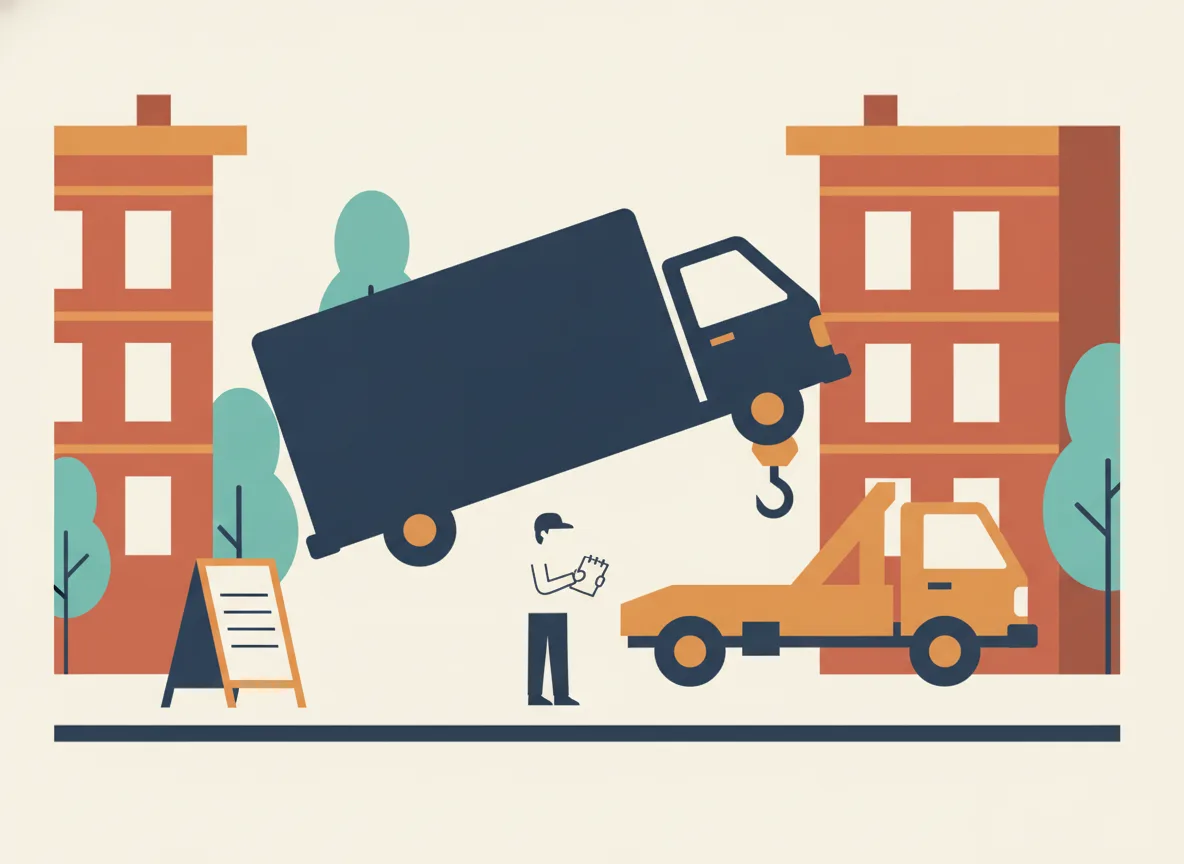 Illustration d'un camion de déménagement soulevé par une dépanneuse dans une rue de Montréal pendant qu'un agent de stationnement prend des notes