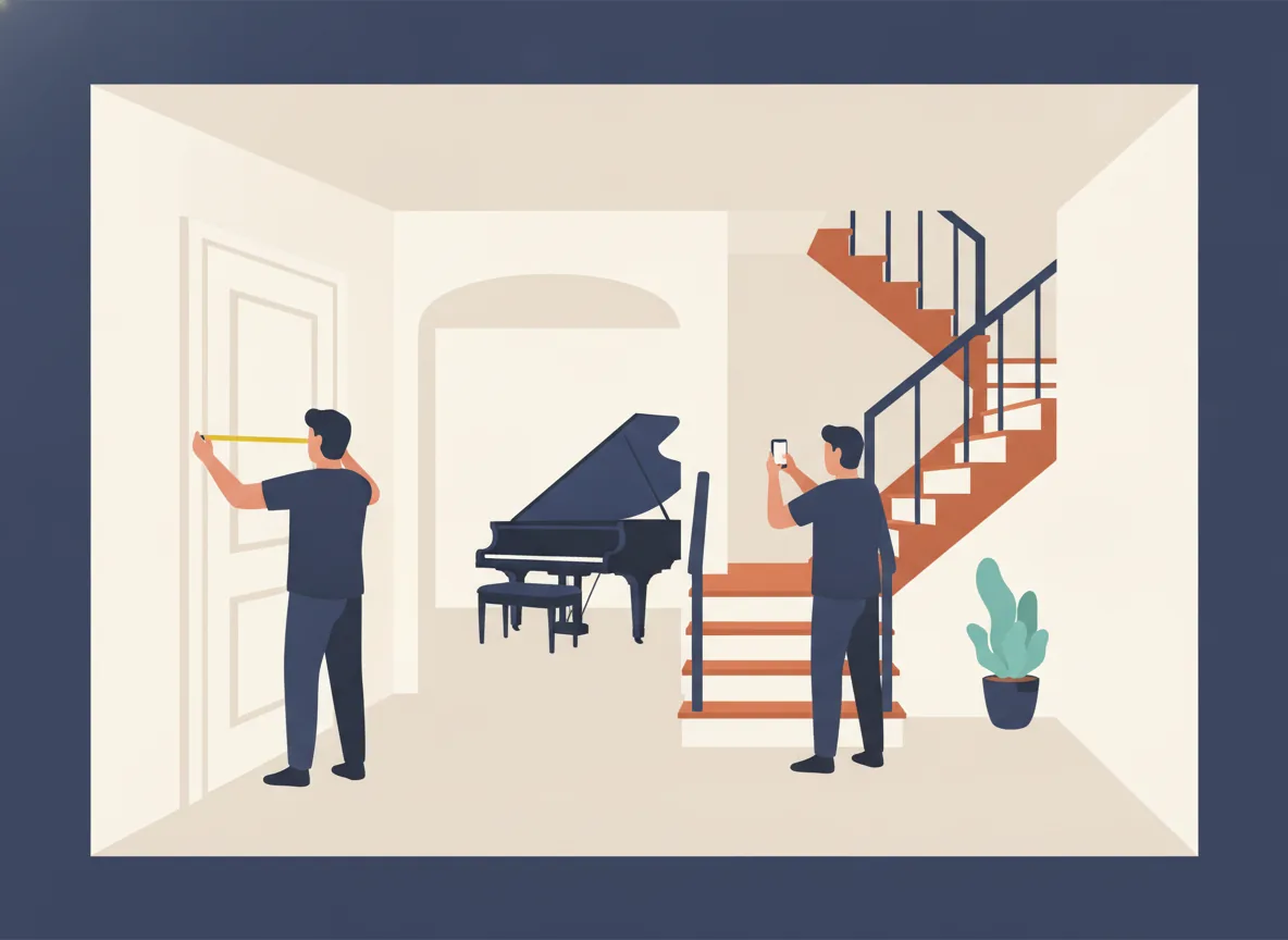 Illustration d'un déménageur qui mesure une porte au ruban pendant qu'un autre photographie un tournant d'escalier, un piano en attente derrière