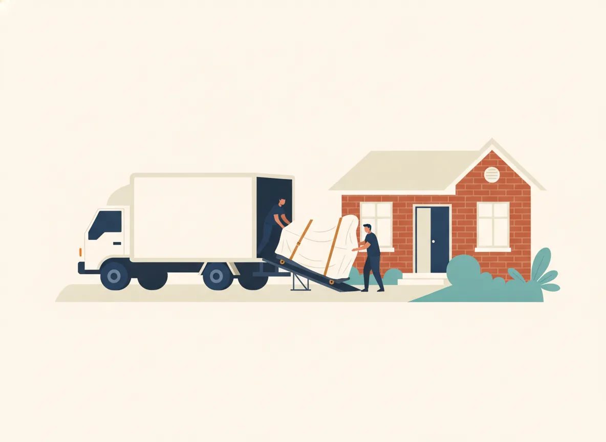 Illustration d'un camion de déménagement dans une entrée de banlieue, un piano emballé descendu sur la rampe vers la porte d'entrée