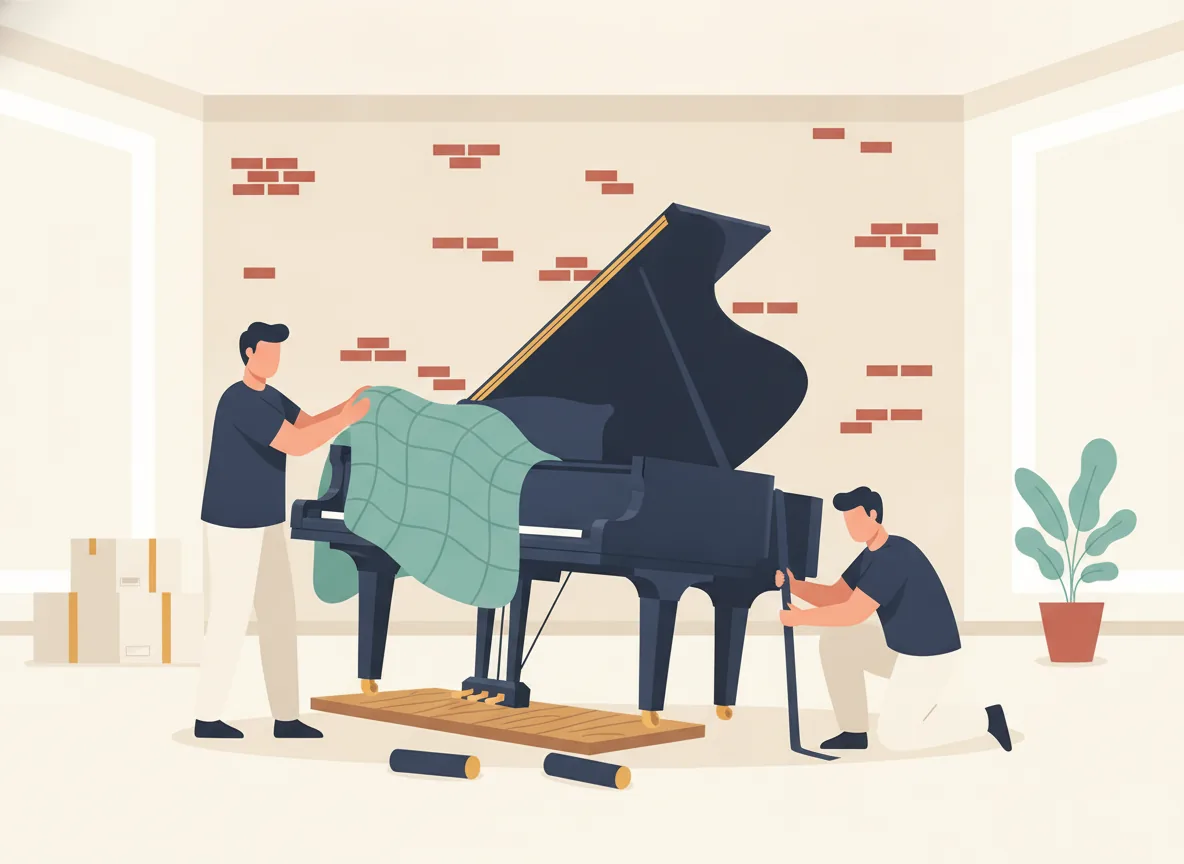 Illustration d'un piano à queue, pattes et lyre retirées, couché sur le côté sur une planche matelassée, un déménageur qui l'emballe