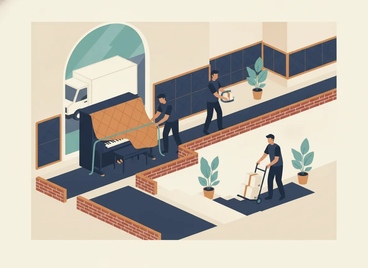 Illustration de tapis de plancher, protège-coins et protection murale matelassée le long d'un couloir et d'un escalier, un piano droit au bout