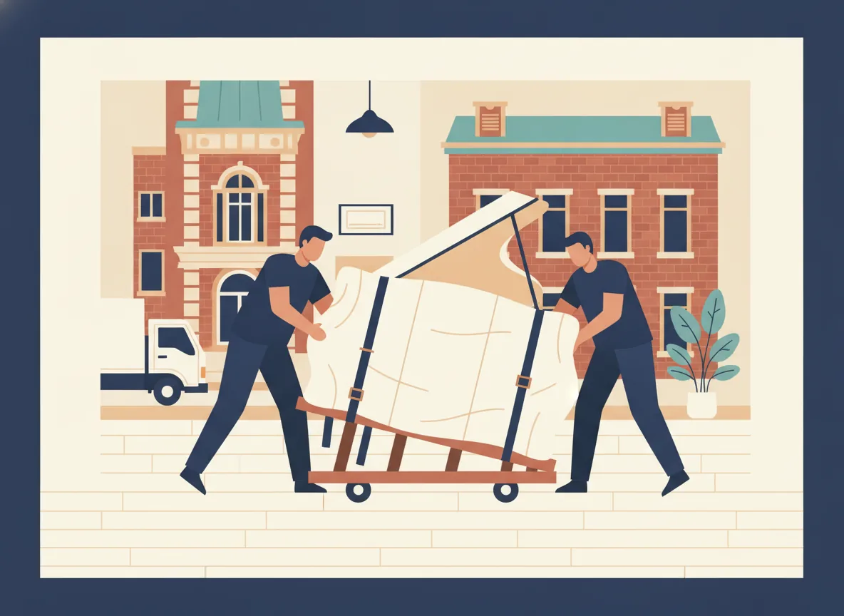 Illustration d'un piano droit sanglé sur une planche et enveloppé de couvertures matelassées, deux déménageurs qui le basculent sur un diable