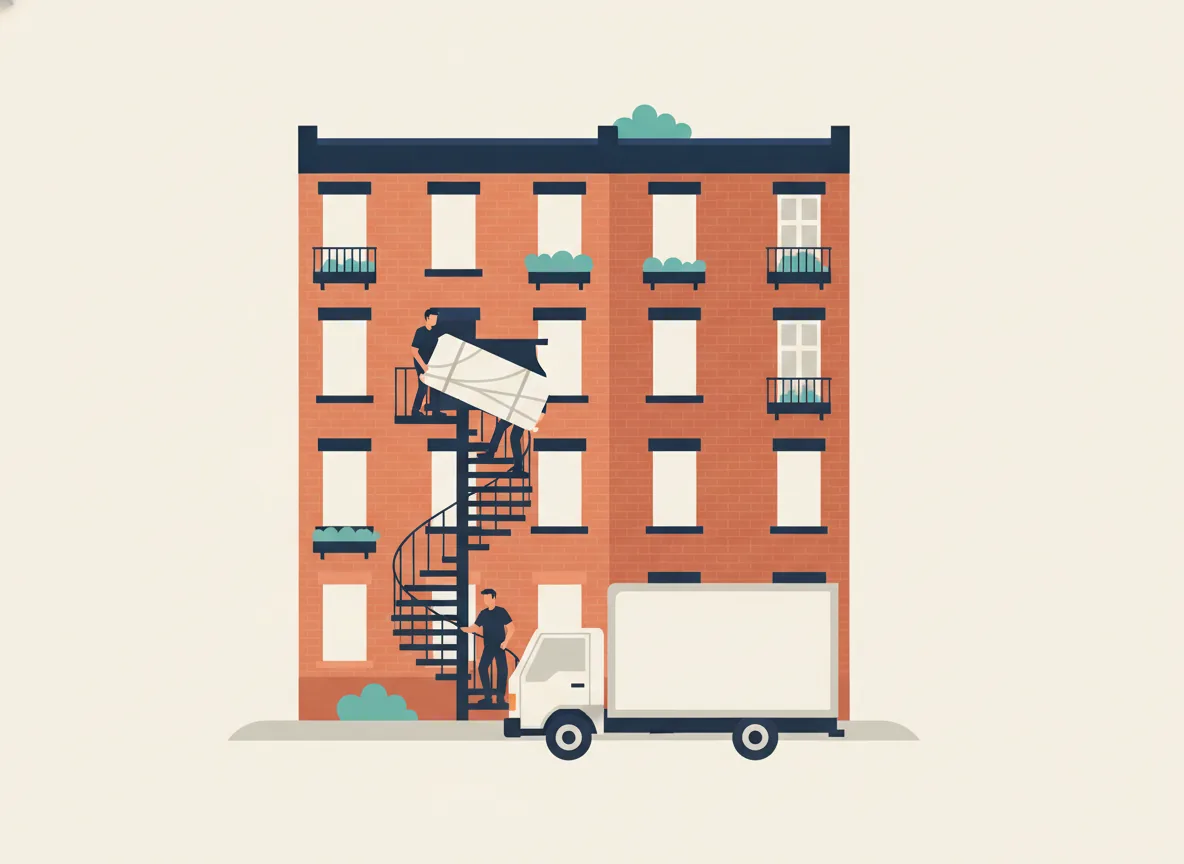 Illustration de deux déménageurs qui descendent un piano droit emballé dans un escalier en colimaçon de fer forgé de Montréal, un troisième qui guette en bas