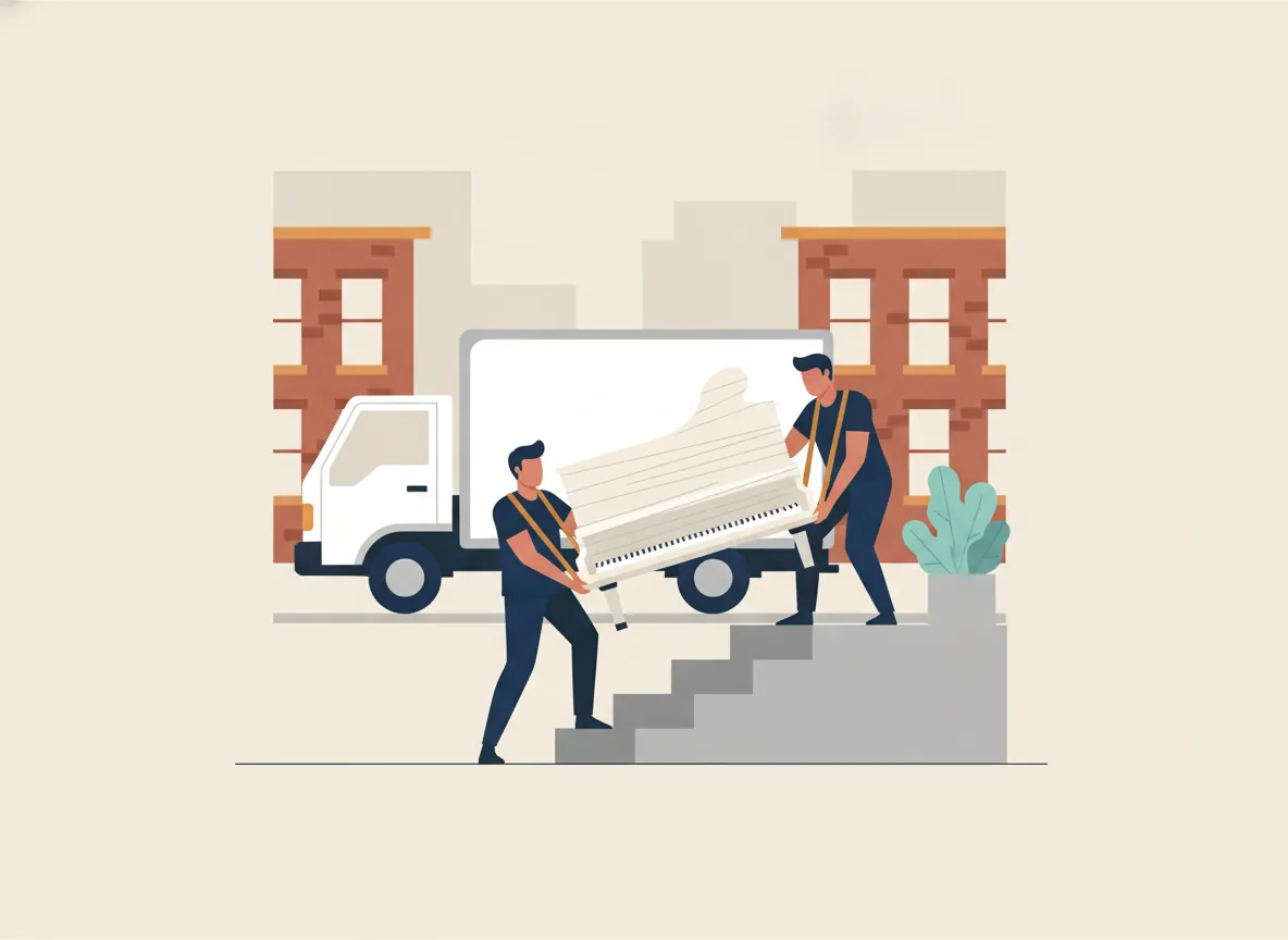 Illustration de deux déménageurs qui montent un piano droit emballé sur des marches extérieures en béton avec des sangles d'épaule