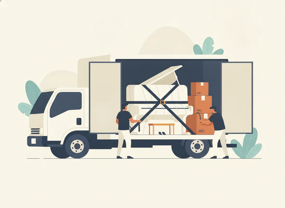 Illustration d'un piano droit emballé, sanglé debout contre la paroi intérieure d'un camion de déménagement