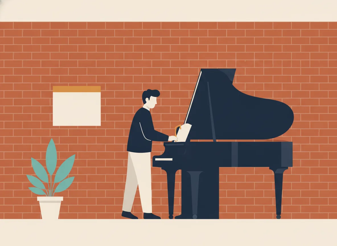 Illustration d'un accordeur avec sa clé d'accord devant un piano droit dans une pièce neuve et lumineuse, un calendrier vierge au mur