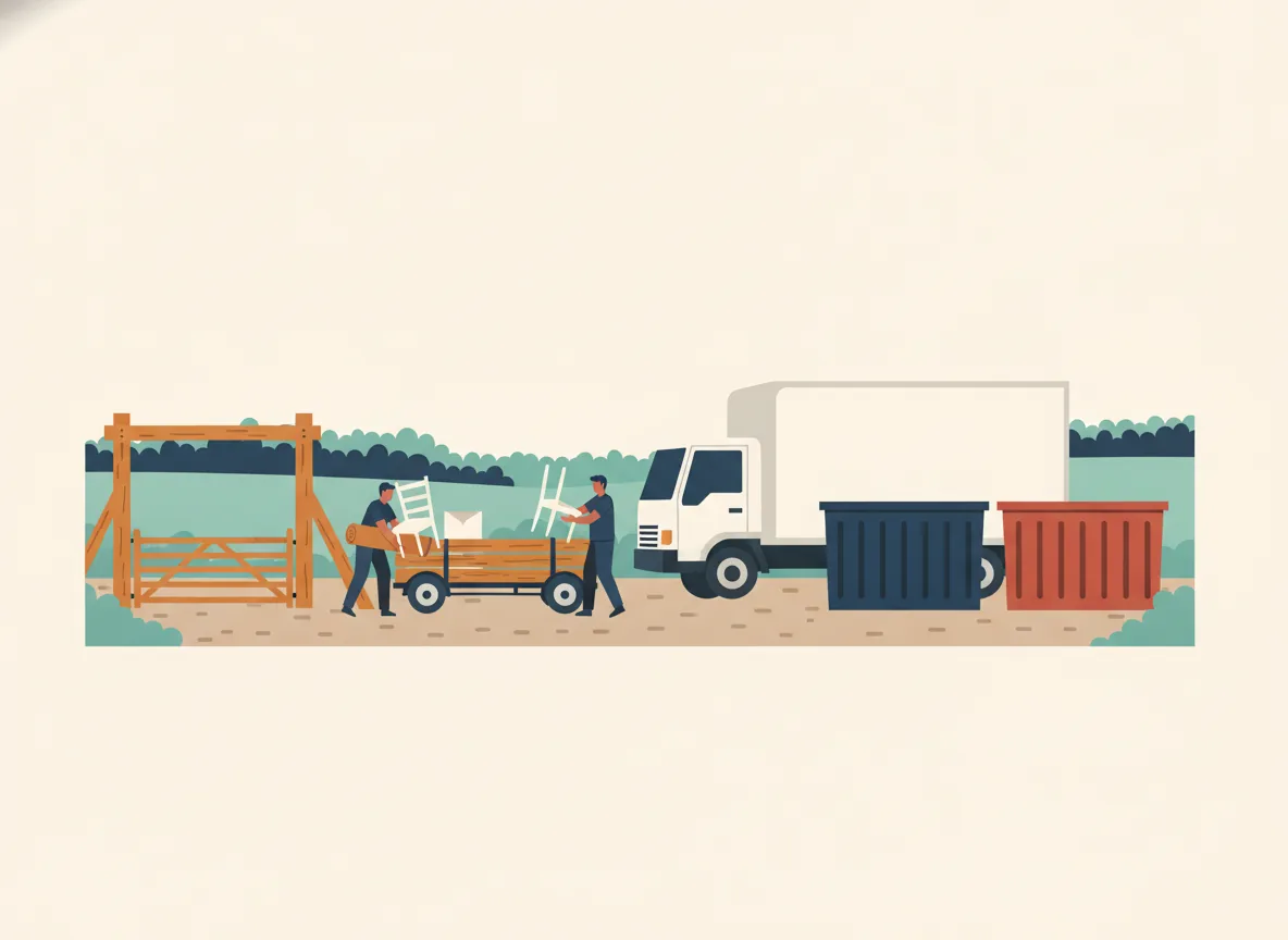 Illustration d'un centre de dépôt en bordure rurale avec des bacs pour le métal et le bois et une remorque déchargée à la main
