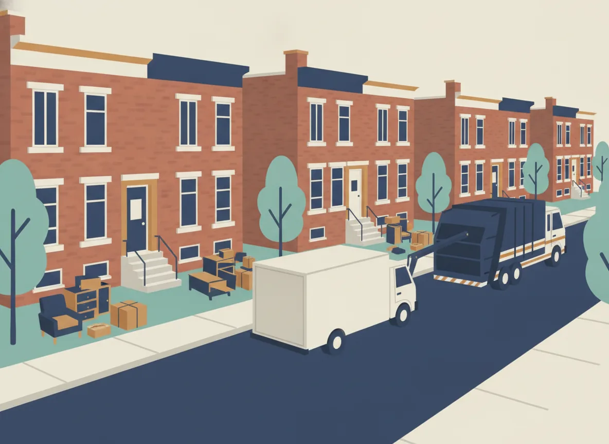 Illustration de trois piles de gros rebuts à trois bordures dans une rue de duplex, un camion de collecte qui commence sa tournée