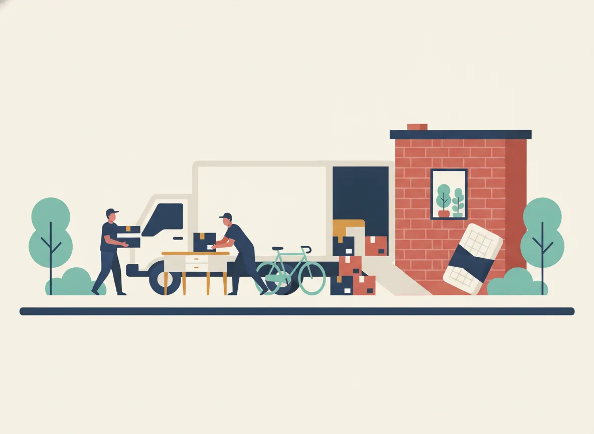 Illustration de déménageurs qui chargent le bureau, le vélo, les boîtes et le vieux matelas d'un étudiant dans un camion