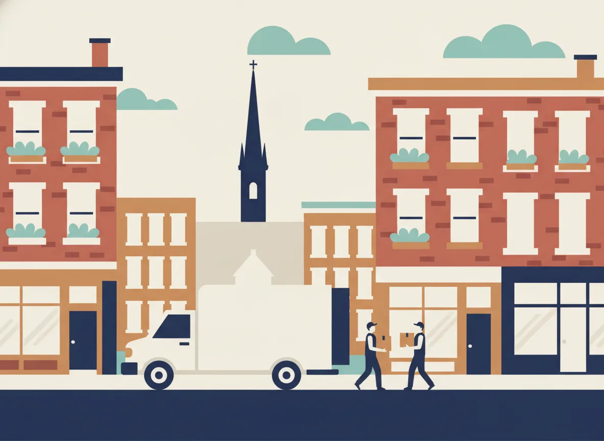 Illustration d'un camion de déménagement qui charge dans une rue du centre-ville de Saint-Hyacinthe bordée d'immeubles de brique de trois étages, un clocher au loin