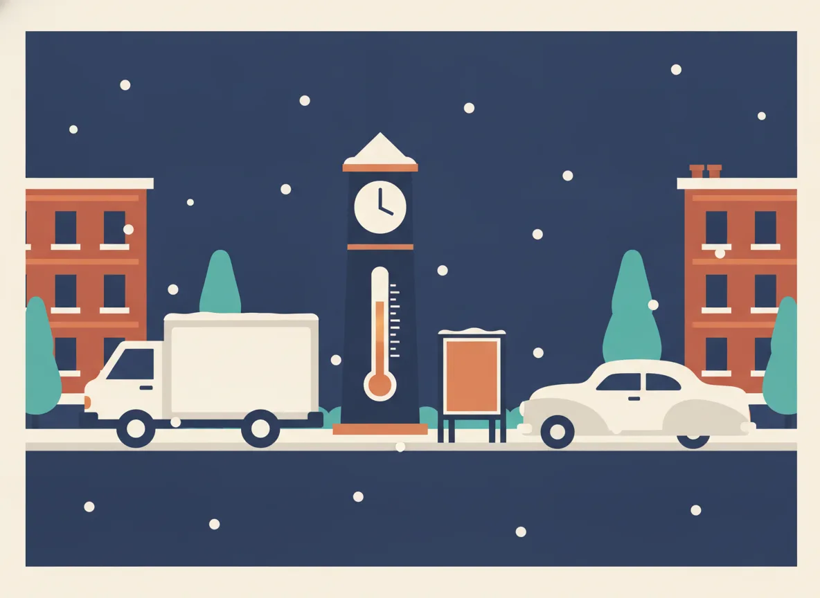 Illustration d'une nuit d'hiver à Saint-Hyacinthe avec une tour d'horloge, une auto couverte de neige et un panneau orange