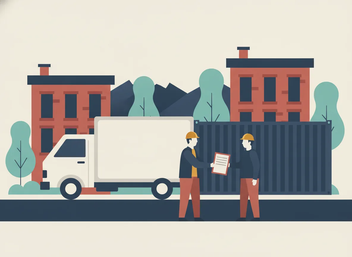 Illustration d'un conteneur d'entreposage dans une rue de Saint-Hyacinthe avec un employé municipal qui remet un formulaire