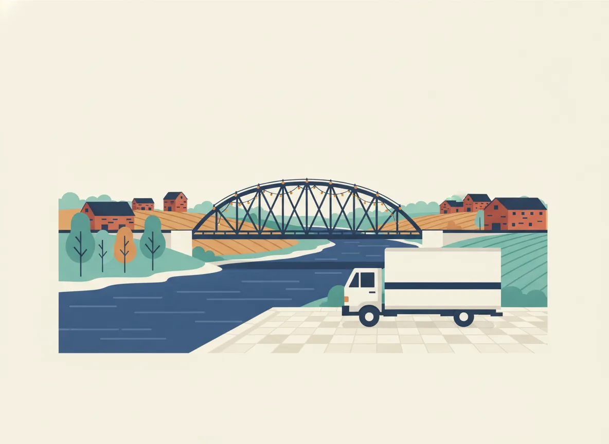 Illustration d'un camion de déménagement stationné près de la rivière Yamaska avec un pont de fer et des champs