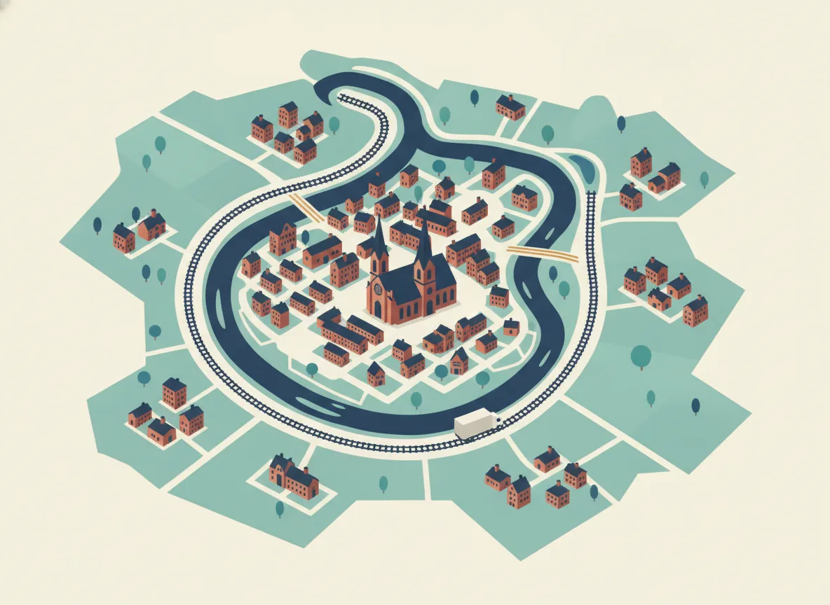Carte illustrée de Saint-Hyacinthe sur la rivière Yamaska sinueuse, avec un centre-ville compact, une voie ferrée, l'autoroute et cinq noyaux villageois dans les champs