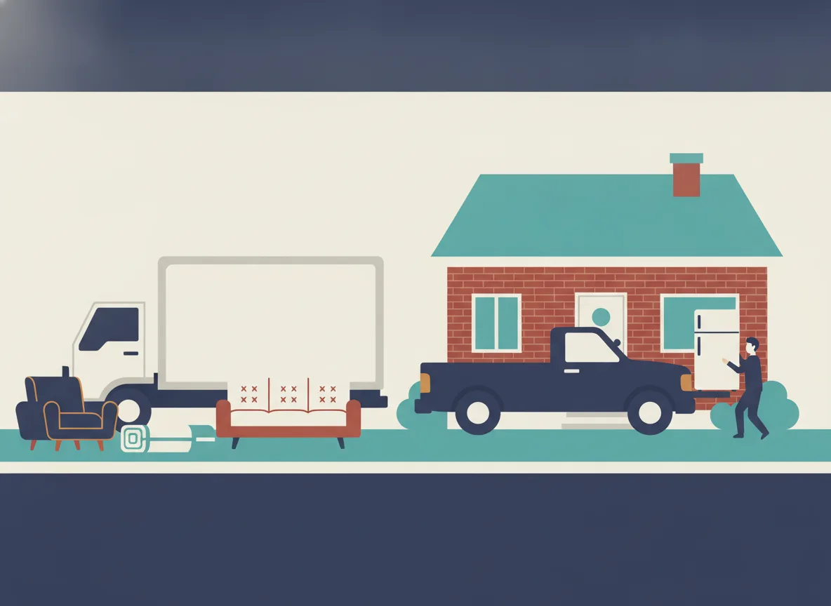 Illustration d'une page de calendrier avec une icône de fauteuil sur une date, à côté d'un sofa et d'un matelas en bordure