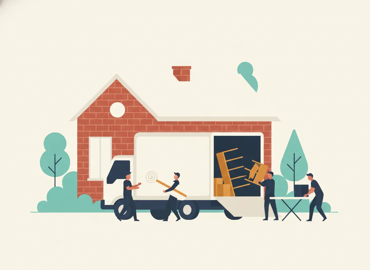 Illustration d'un déménageur qui sort un vieux fauteuil d'un garage vers un camion, avec une boîte de dons à côté
