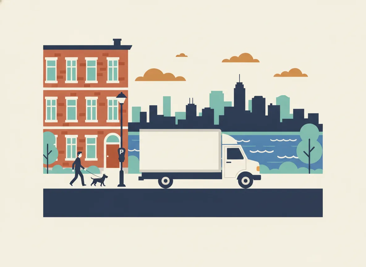 Illustration d'un camion de déménagement qui charge sur la rue Richelieu dans le Vieux-Saint-Jean, logements au-dessus des commerces et un parcomètre