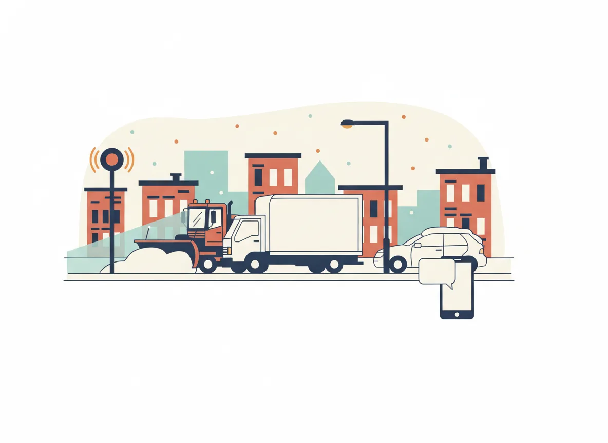 Illustration d'un panneau clignotant rouge de stationnement d'hiver dans une rue enneigée de Saint-Jean la nuit