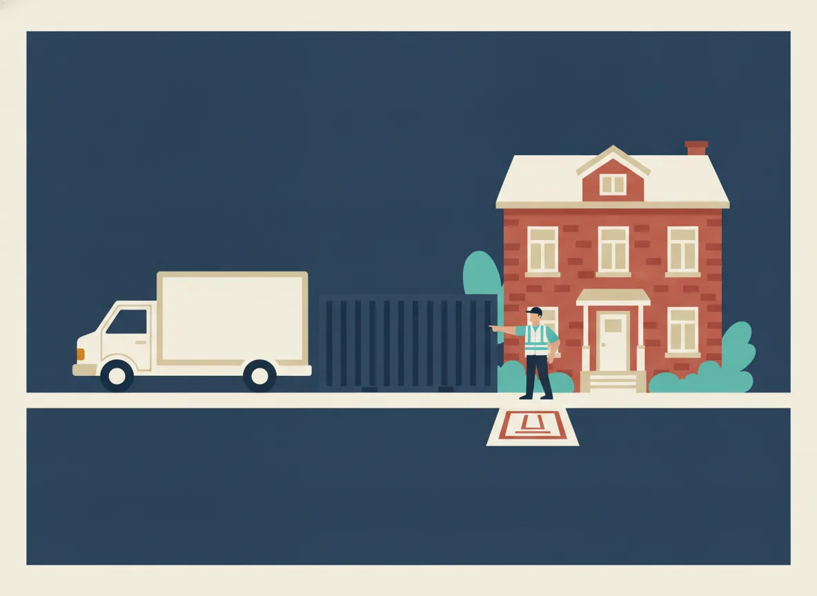 Illustration d'un conteneur d'entreposage dans une rue résidentielle de Saint-Jean avec un inspecteur des travaux publics et son calepin
