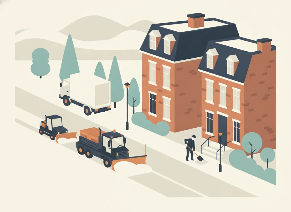 Illustration d'une charrue qui dégage un grand boulevard de Saint-Jean, avec un sentier déneigé entre une maison et la bordure