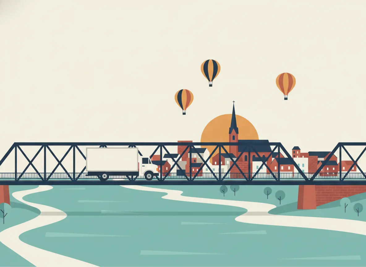 Illustration d'un camion de déménagement qui traverse le pont Gouin sur le Richelieu vers Iberville à l'aube