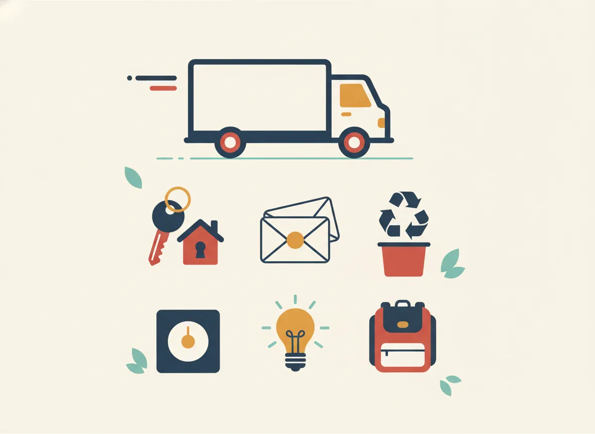 Illustration d'icônes : clés, courrier, bacs, thermostat, ampoule et sac d'école