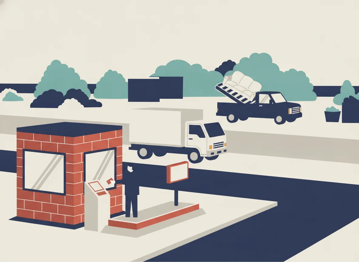Illustration d'une cour de dépôt avec une guérite de pesée et une camionnette qui décharge un vieux divan et un matelas