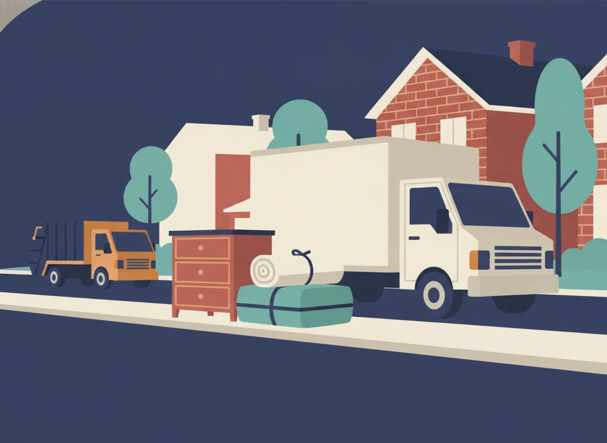 Illustration d'une pile d'encombrants bien empilée au bord d'une rue de banlieue avec un camion de collecte qui approche