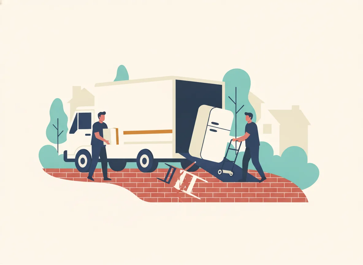 Illustration de déménageurs qui chargent un vieux réfrigérateur et une chaise brisée dans le même camion que les boîtes de la maison