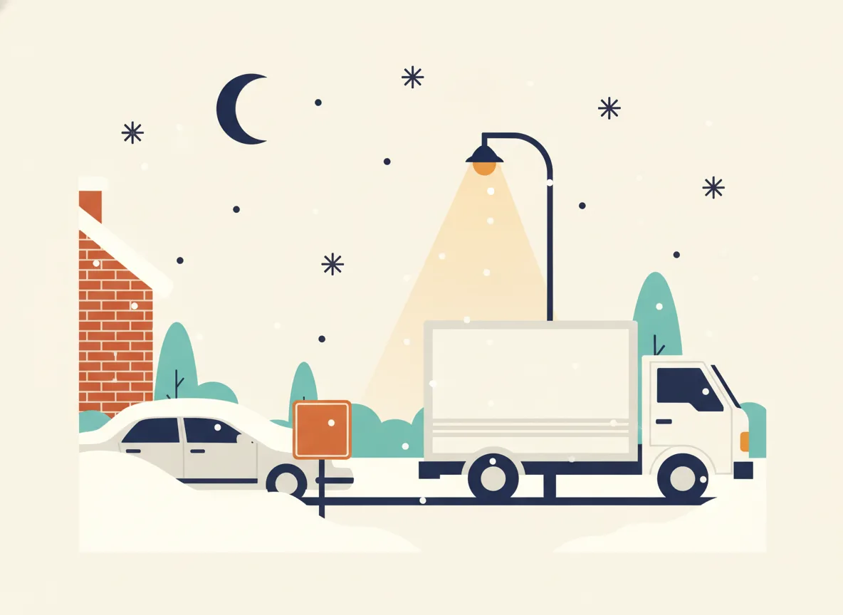 Illustration d'une rue enneigée de Terrebonne la nuit avec une auto ensevelie et un panneau de déneigement