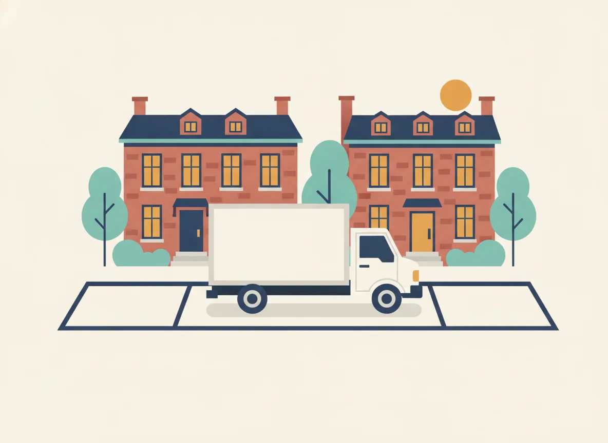 Illustration d'un camion de déménagement stationné dans une case marquée d'une rue patrimoniale du Vieux-Terrebonne