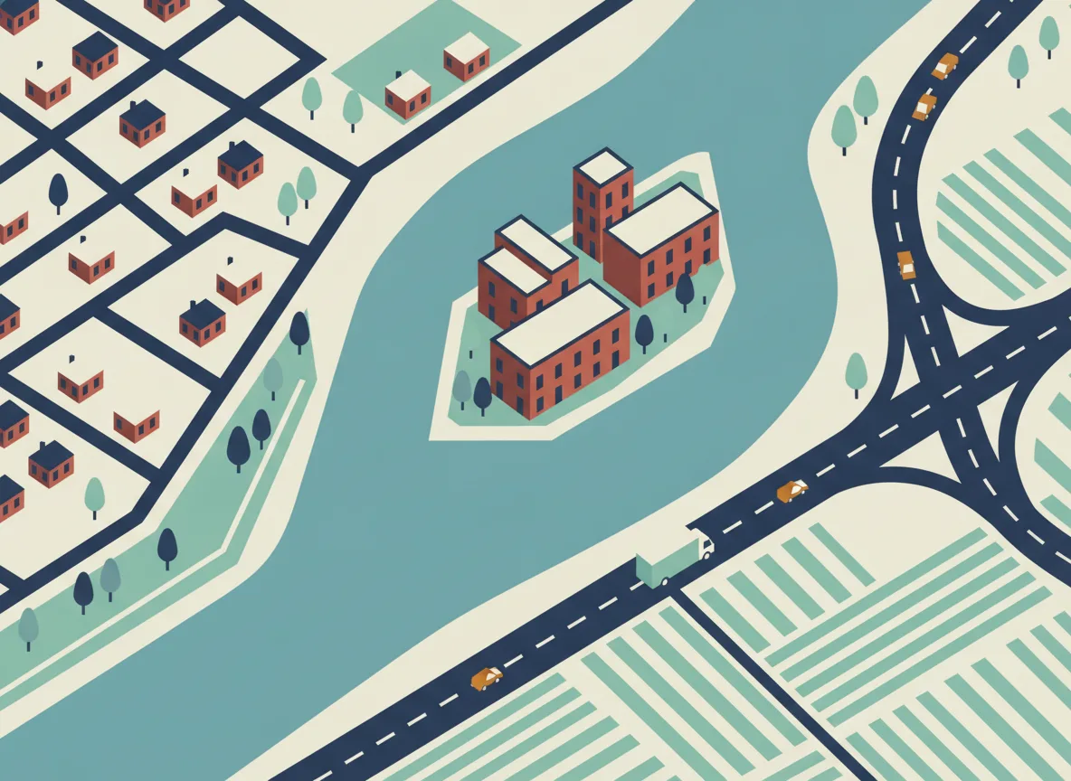 Carte illustrée de Terrebonne montrant la rivière, l'île aux vieux moulins, la nouvelle trame de banlieue, les champs et l'autoroute