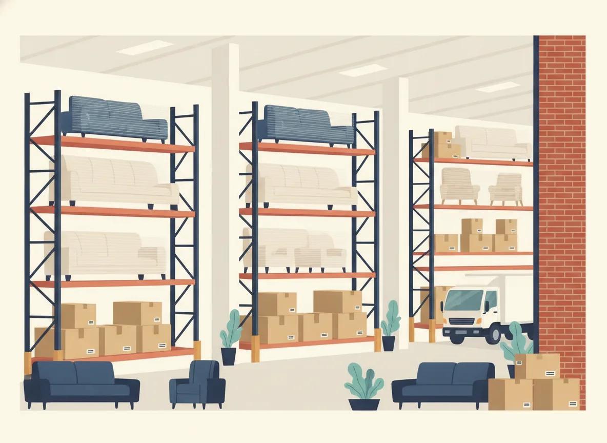 Illustration d'un entrepôt avec des meubles emballés sur des étagères et un camion de déménagement au quai