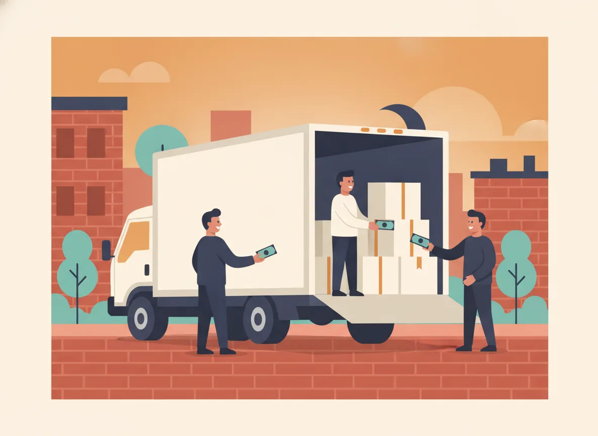 Illustration d'un client à l'arrière d'un camion de déménagement qui remet un billet plié à chacun des deux déménageurs