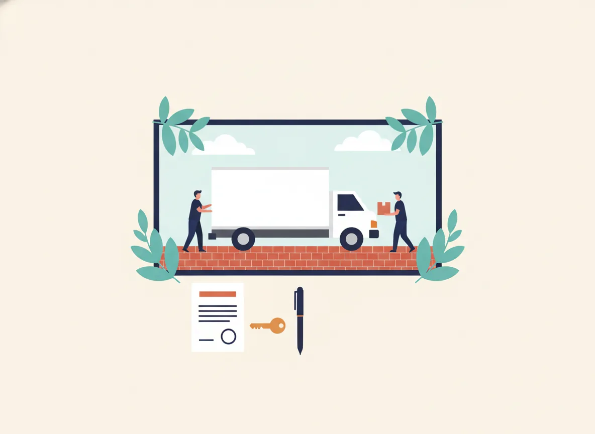 Illustration d'un contrat de déménagement signé avec un stylo et une clé de maison, un camion visible par la fenêtre