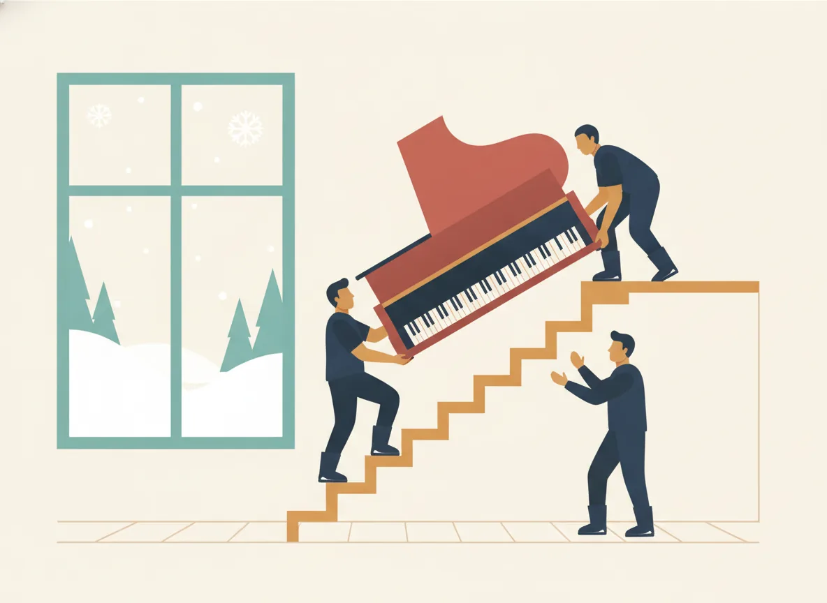 Illustration de deux déménageurs qui descendent un piano dans un escalier intérieur en bois avec un guetteur en bas, une fenêtre enneigée derrière