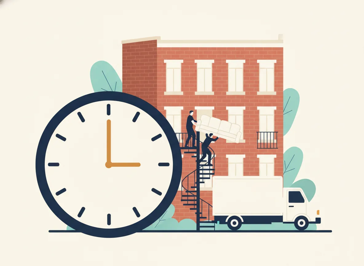 Illustration d'une horloge murale à côté d'un déménageur qui monte une boîte dans un escalier en colimaçon de Montréal