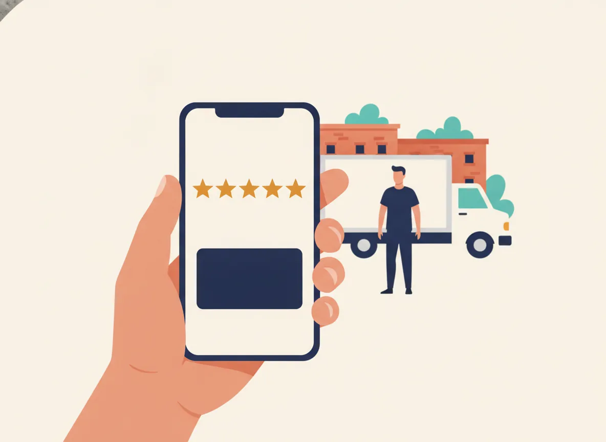 Illustration d'une main qui tient un téléphone avec cinq étoiles et une boîte d'avis vide, un déménageur et un camion derrière