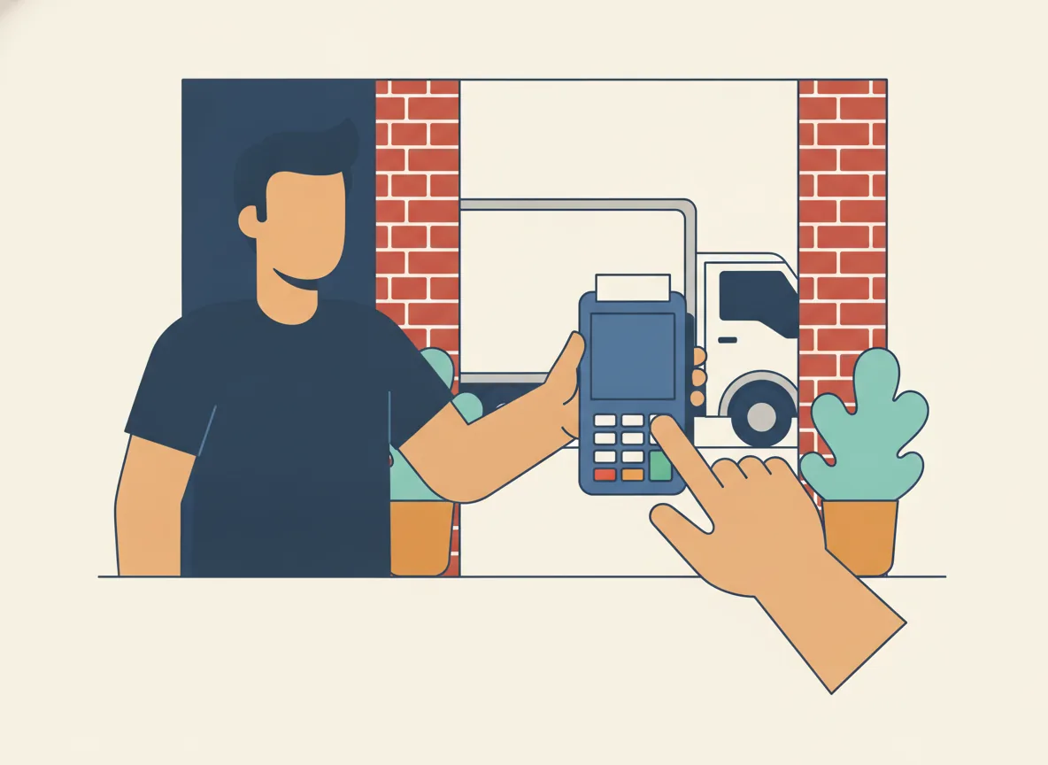 Illustration d'un déménageur qui tend un terminal de paiement vers la main d'un client dans l'embrasure d'une porte