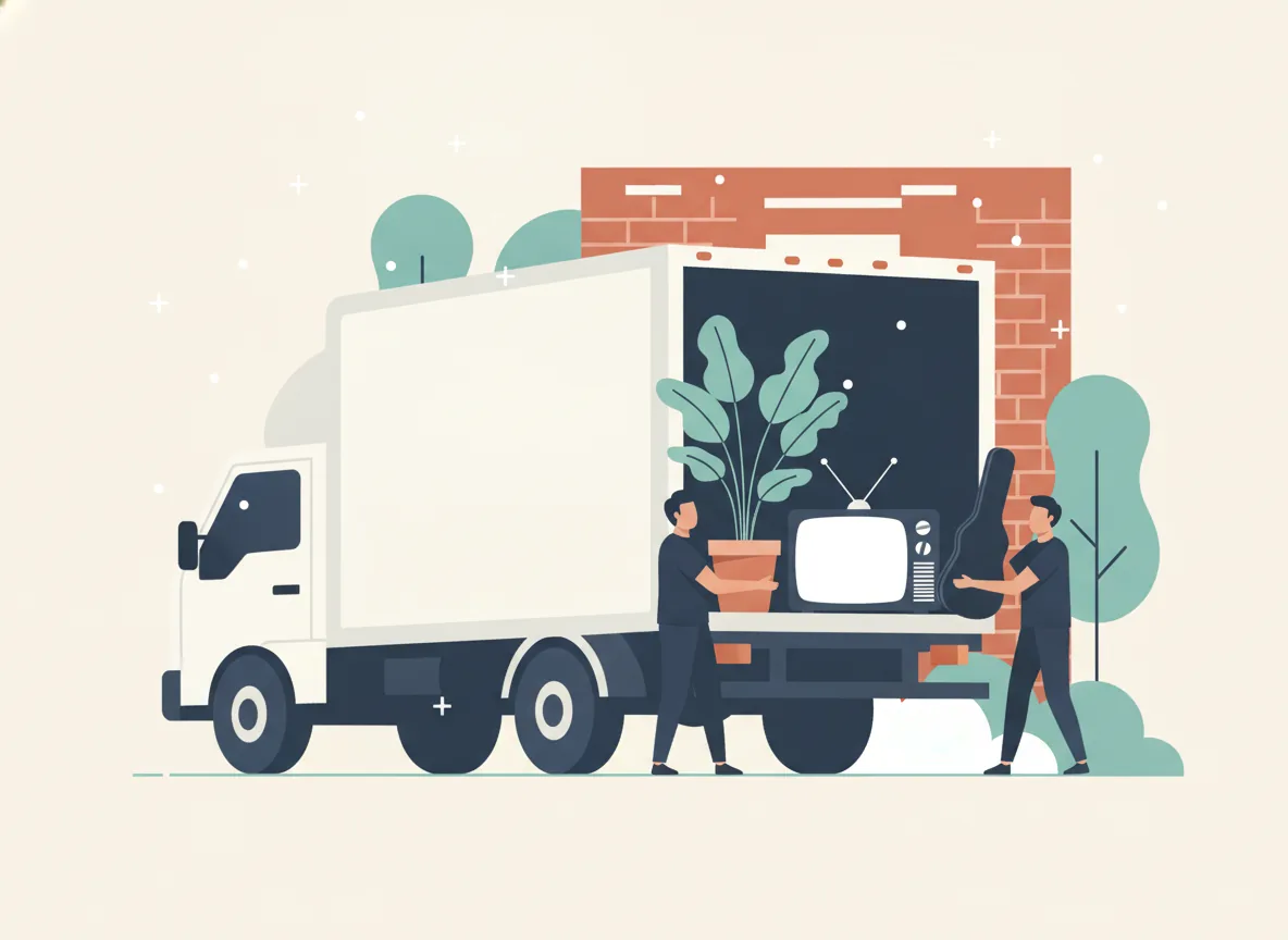 Illustration d'une plante, d'une télé et d'un étui de guitare chargés en dernier au bord d'un camion sous la neige