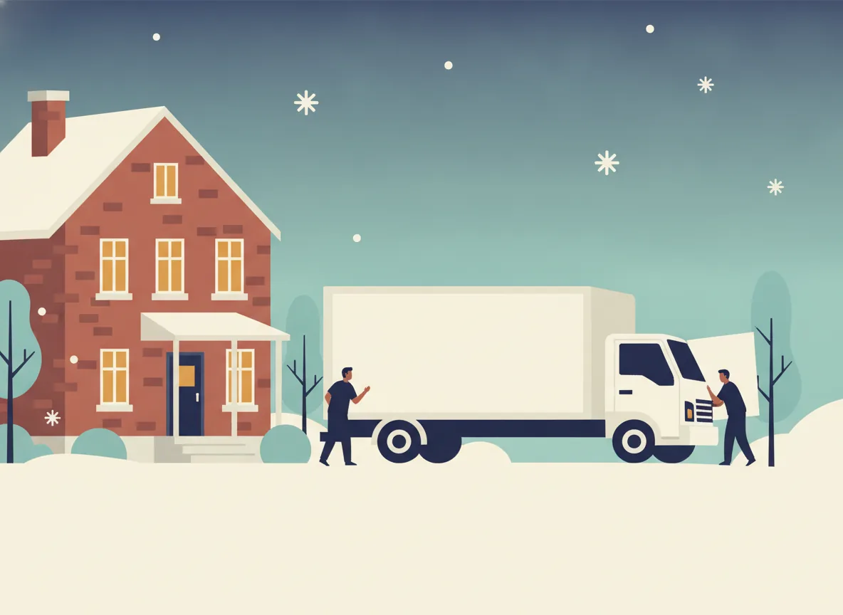 Illustration d'un déménageur qui ferme la porte du camion au crépuscule d'hiver devant une maison de brique aux fenêtres éclairées