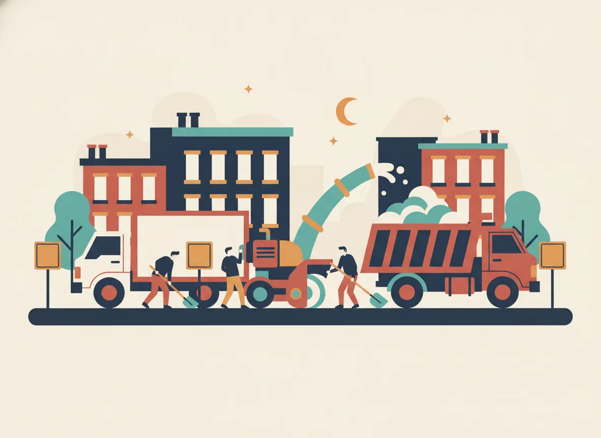 Illustration d'un chargement de neige la nuit, une souffleuse qui alimente un camion à benne à côté de panneaux orange