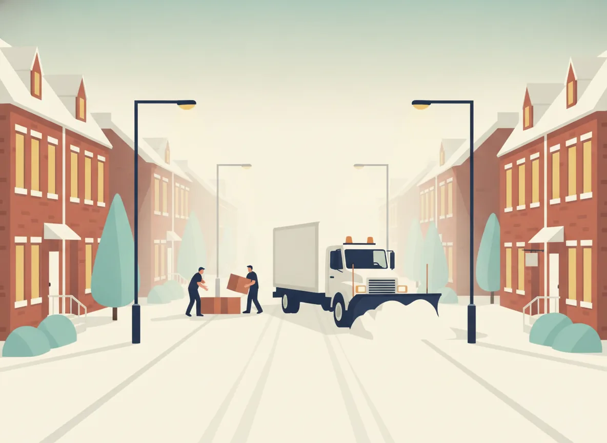 Illustration d'une charrue municipale qui déblaie une rue de duplex de brique à Montréal à l'aube