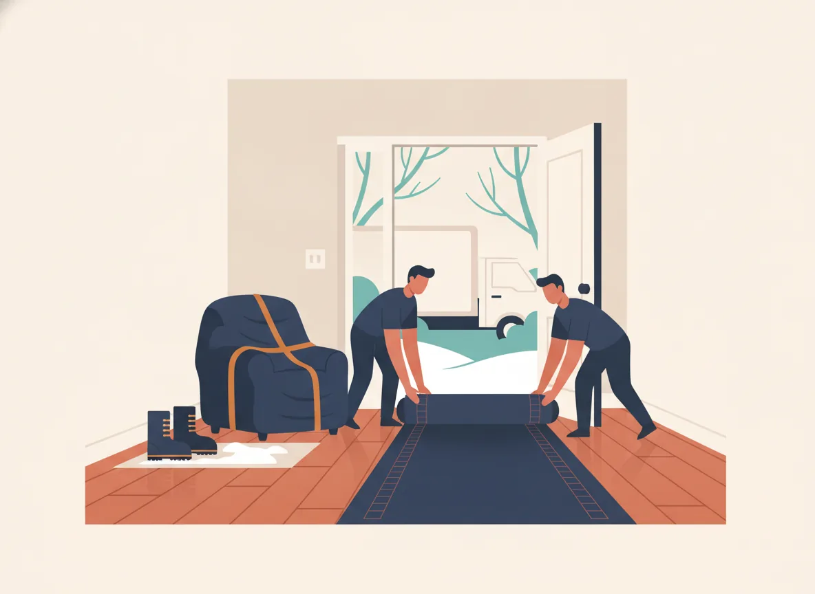 Illustration de déménageurs qui posent des tapis de protection de la porte d'entrée vers le couloir en transportant un fauteuil emballé