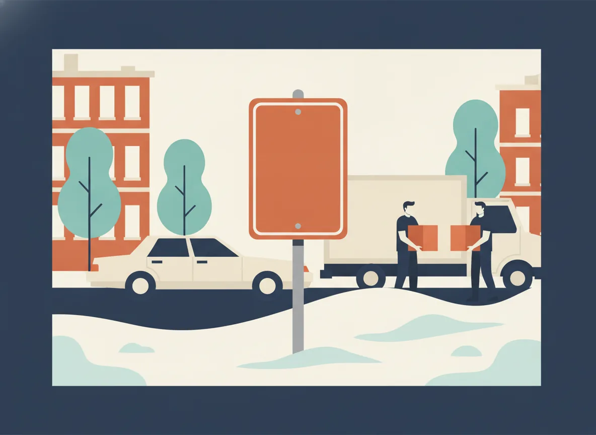 Illustration d'un panneau orange temporaire d'interdiction de stationner sur un support planté dans un banc de neige devant une auto