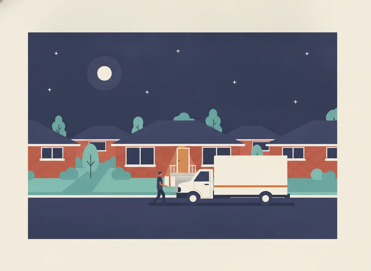 Illustration d'une rue de bungalows du West Island vide la nuit, sans aucune auto stationnée