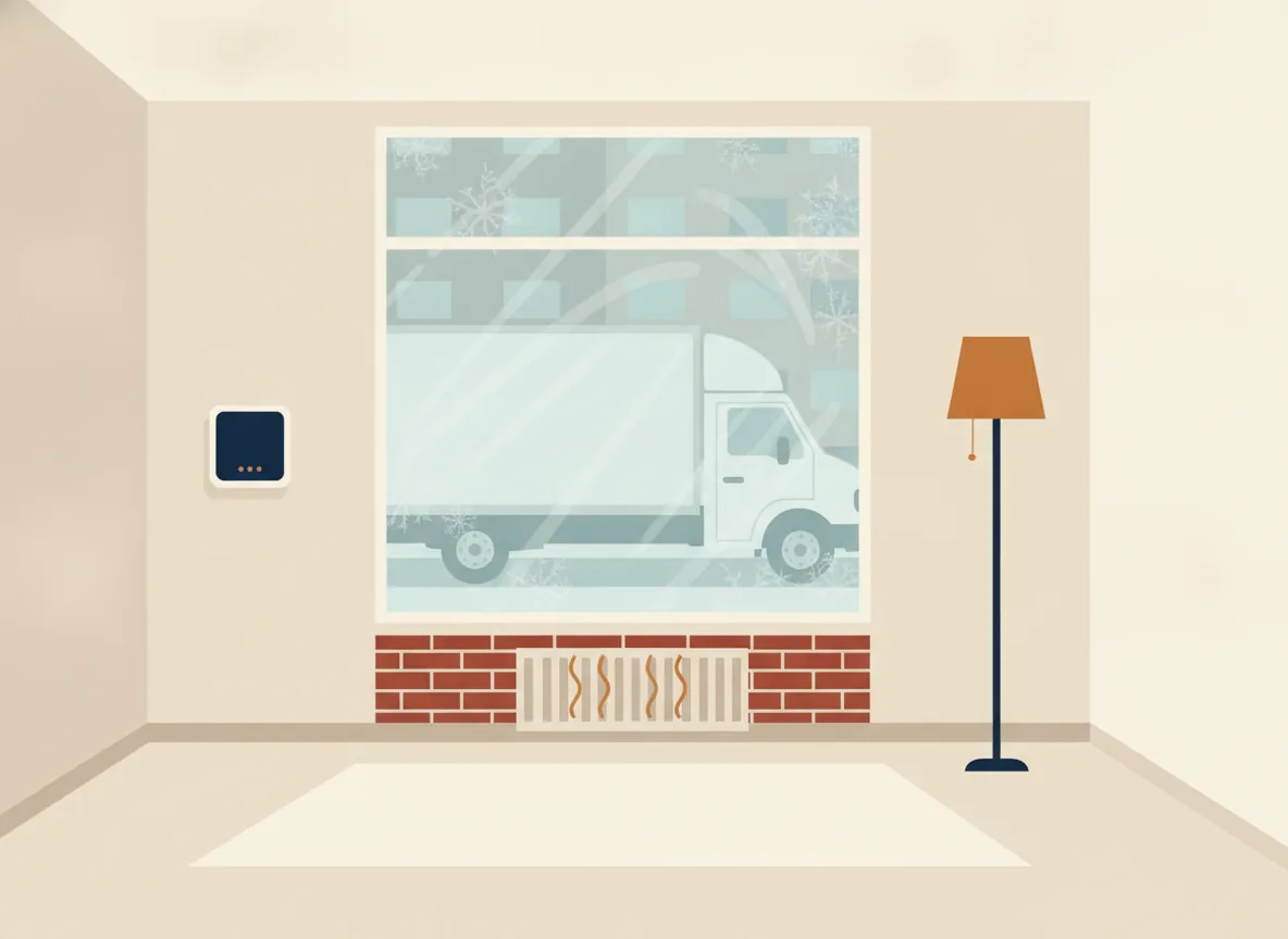 Illustration d'un appartement vidé avec un thermostat mural, un radiateur et une fenêtre givrée, une lampe encore allumée