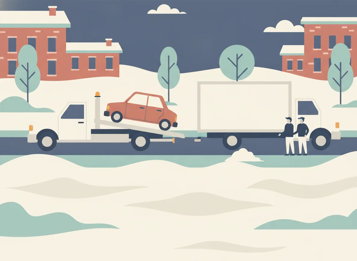 Illustration d'une remorqueuse qui déplace une petite auto dans une rue enneigée pendant qu'un camion de déménagement attend à la bordure dégagée